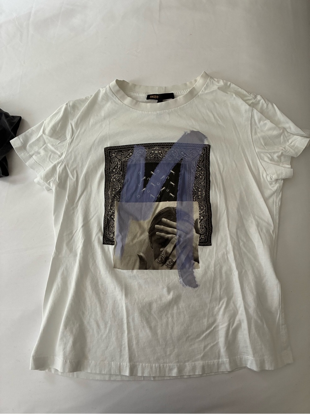 Maje White Tee with Black Bandana Square and Blue Brushstroke
